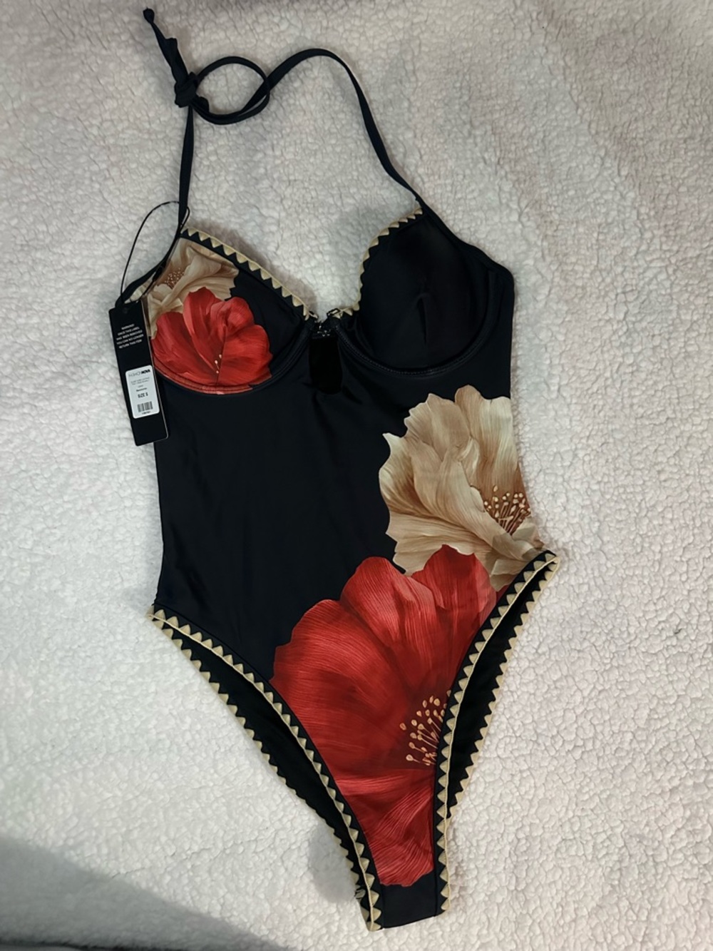 Fashion Nova Black One-Piece Swimsuit with Red & Cream Floral Print